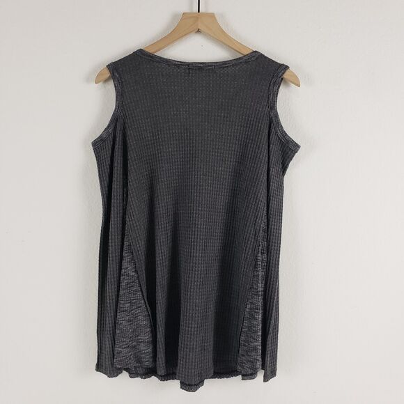 NEW!! Paper Crane SIZE L Gray Cold Shoulder Boho Long Sleeve Blouse Top Waffle - Picture 11 of 12